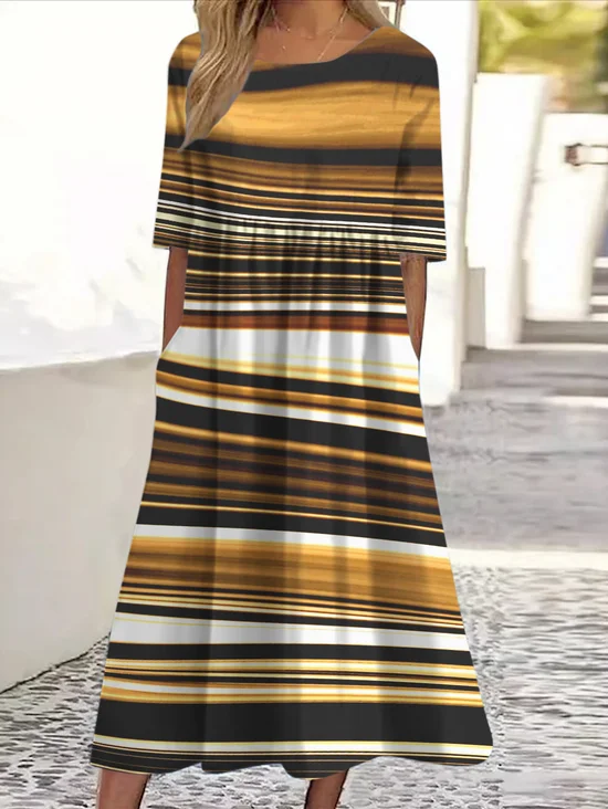Femmes Rayé Brun Col Rond Confortable Robe Maxi Décontracté