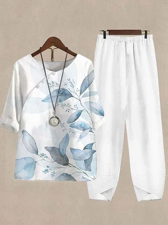 Deux Pièces Ensembles Femmes Décontracté Floral Été Polyester Imprimé Naturel Quotidien Col Rond Top Avec Pantalons