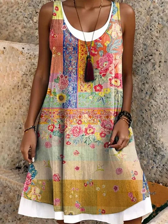 Femmes Floral Jaune Col Rond Confortable Robe Mi-Longue Décontracté