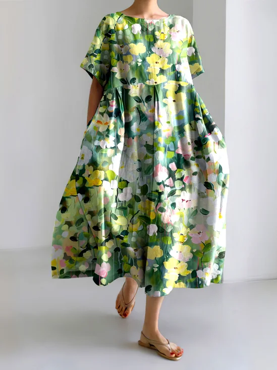 Femmes Floral Vert Col Rond Confortable Robe Maxi Décontracté