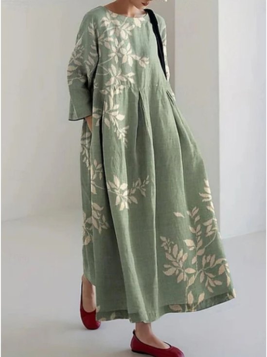 Femmes Floral Vert Col Rond Confortable Robe Maxi Décontracté