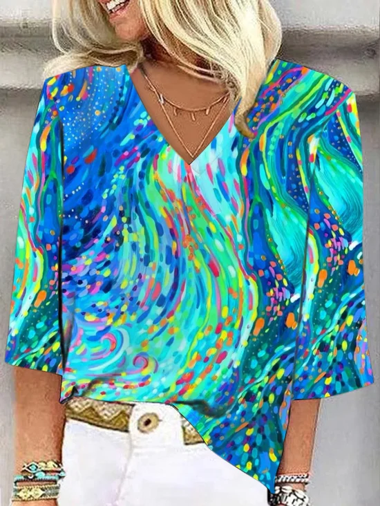 Blouses Femmes Boho Été Abstrait Graphique Quotidien Ample Col Châle Régulier Droit Régulier