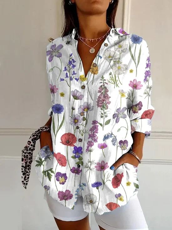 Chemises Décontracté Floral Printemps / Automne Quotidien Ample Manches Longues Boucle Col de Chemise T.-N.-L. pour Femmes
