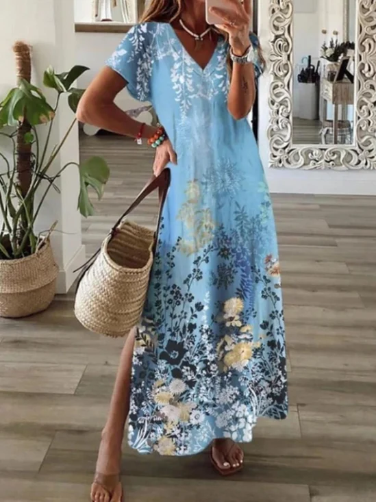 Femmes Floral Bleu Col V Confortable Robe Maxi Décontracté