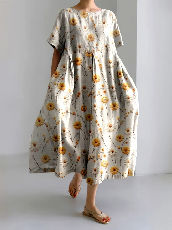 Femmes Floral Abricot Col Rond Confortable Robe Maxi Décontracté