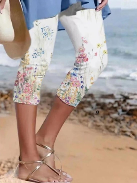 Pantalons Femmes Décontracté Floral Été Naturel Micro-élasticité Quotidien Corsaire Pantalon droit Régulier