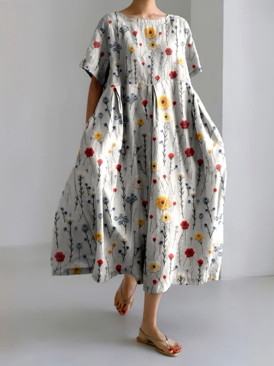 Femmes Floral Gris Clair Col Rond Confortable Robe Maxi Décontracté