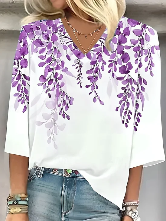 Blouses Décontracté Été Plantes Polyester Aucune élasticité Ample Demi Manche Col Châle Régulier pour Femmes