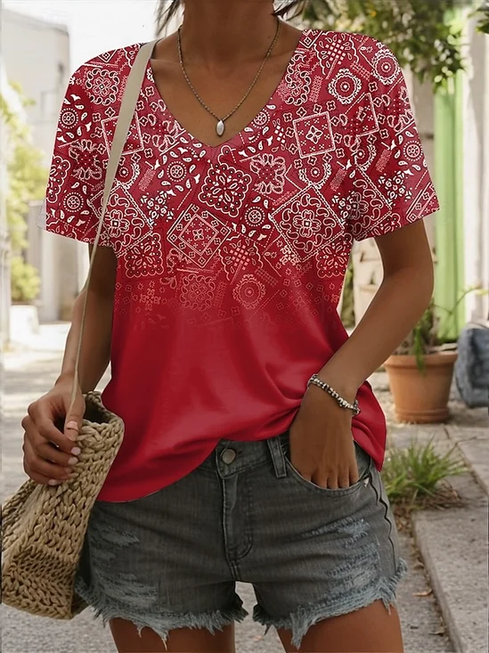 T-shirts Femmes Décontracté Été Ethnique Géométrie Polyester Col V Micro-élasticité Coupe Régulière Manches Courtes Régulier