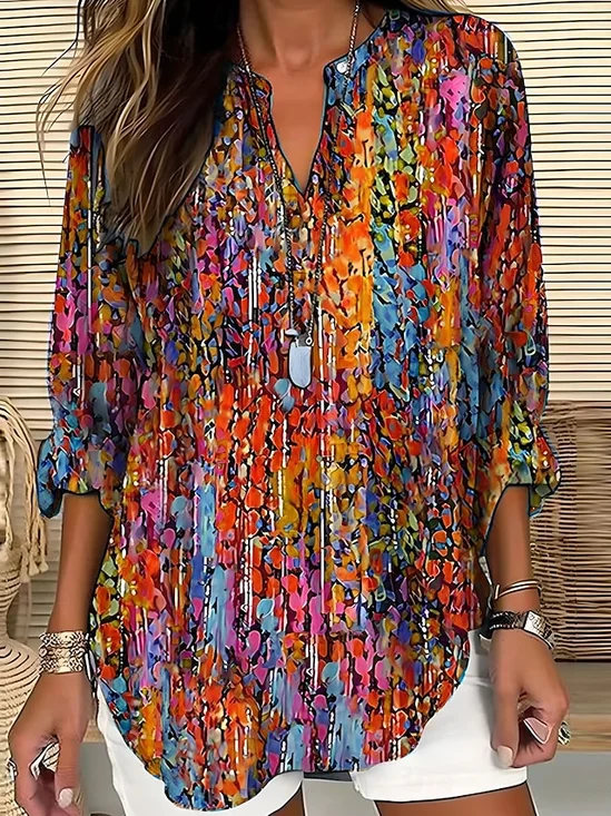 Blouses Femmes Géométrique Décontracté Été Polyester Aucune élasticité Ample Demi Manche Col Châle Régulier