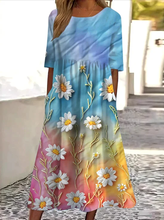 Femmes Floral Bleu Clair Col Rond Confortable Robe Maxi Décontracté