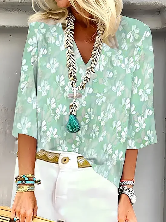 Blouses Femmes Élégant Floral Été Aucune élasticité Vacances Ample Col Châle Régulier Droit