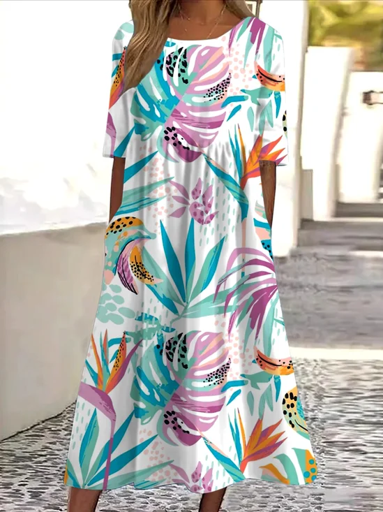 Femmes Floral Blanc Col Rond Confortable Robe Maxi Décontracté