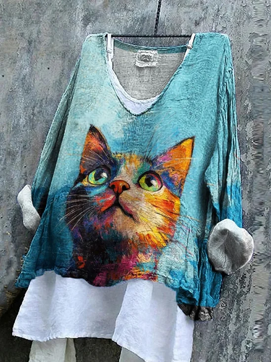 T-shirts en Lin Chat Printemps / Automne Coton Col V Micro-élasticité Ample Manches Longues Régulier pour Femmes
