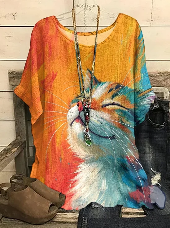 T-shirts Femmes Décontracté Printemps / Automne Chat en Lin Domestique Ample Régulier Droit Régulier
