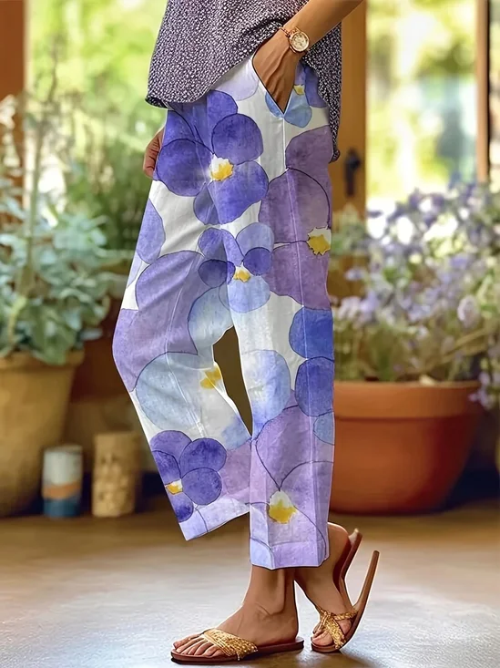 Pantalons Décontracté Floral Printemps / Automne en Lin Micro-élasticité Domestique Coupe Régulière Droit Régulier pour Femmes