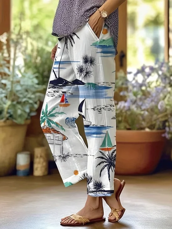 Pantalons Femmes Décontracté Printemps / Automne la Mer en Lin Micro-élasticité Vacances Coupe Régulière Long Régulier