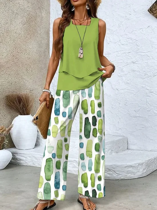 Deux Pièces Ensembles Femmes Vacances Ombre Été Polyester Naturel Rendez-Vous Col Rond Top Avec Pantalons Régulier