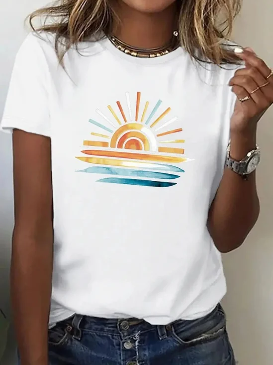 T-shirts Femmes Décontracté Été Soleil Polyester Quotidien Manches Courtes Col Rond Régulier Régulier