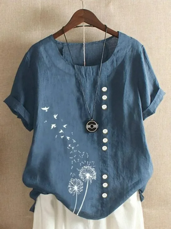 Blouses Femmes Simple Été Pissenlit Coton Aucune élasticité Domestique Demi Manche Régulier Droit