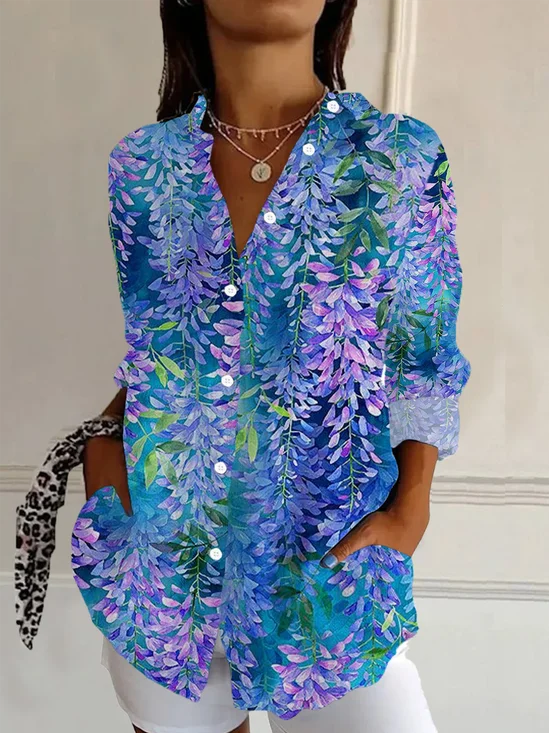 Chemises Femmes Décontracté Floral Printemps / Automne Ample Manches Longues Régulier Boucle Régulier Col de Chemise