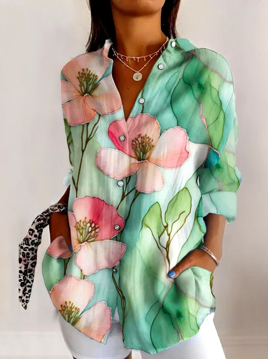 Chemises Femmes Bloc de Couleur Décontracté Printemps / Automne Coton Quotidien Coupe Régulière Trapèze Régulier Col de Chemise