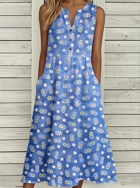 Femmes Floral Bleu Entaillé Confortable Boucle Robe Mi-Longue Décontracté