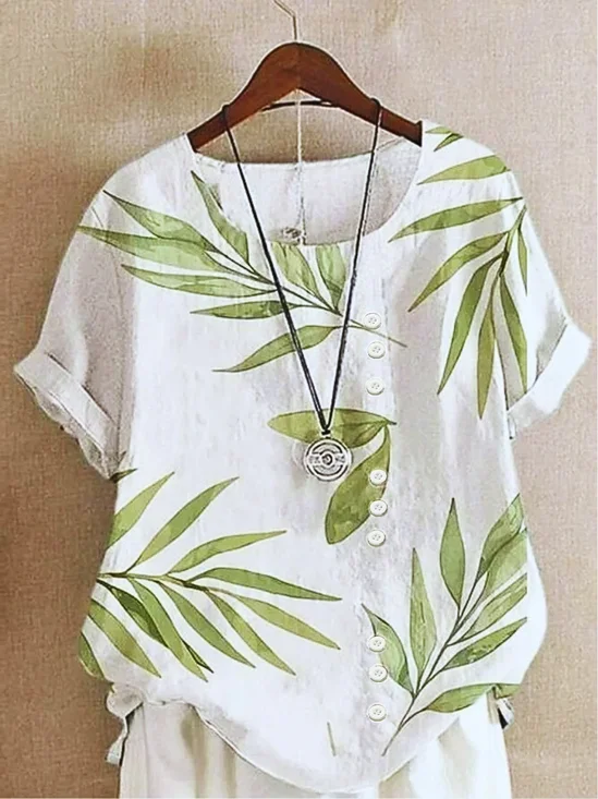 Blouses Femmes Décontracté Été Plantes Aucune élasticité Coupe Régulière Demi Manche Col Rond Droit Régulier