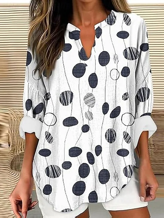 Blouses Femmes Décontracté Printemps / Automne Abstrait Pois Polka Col V Imprimé Aucune élasticité Ample en Mélangé de Coton Régulier