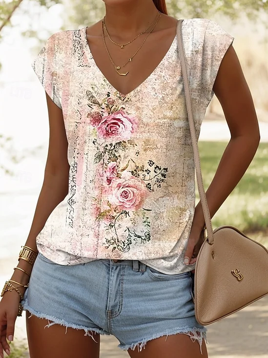 T-shirts Décontracté Floral Été Micro-élasticité Quotidien Manches Courtes Régulier Trapèze Régulier pour Femmes