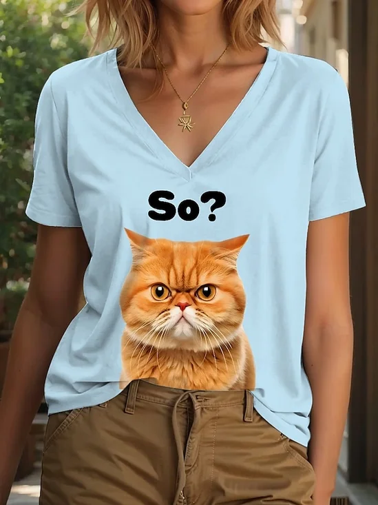 T-shirts Femmes Décontracté Été Chat Coton Col V Micro-élasticité Coupe Régulière Manches Courtes Trapèze