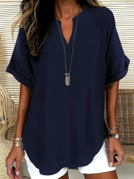 Blouses Femmes Élégant Plain Été Coton Aucune élasticité Demi Manche Col Châle Régulier Droit