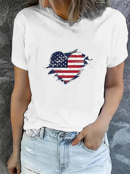 T-shirts Femmes Décontracté Été Drapeau des États-Unis Micro-élasticité Coupe Régulière Col Rond Régulier Trapèze Régulier
