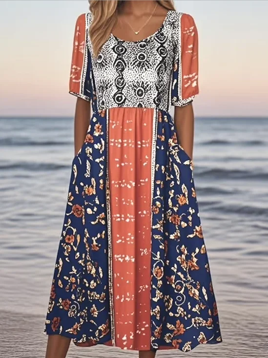 Femmes Floral Rouge Col Rond Confortable Robe Maxi Décontracté