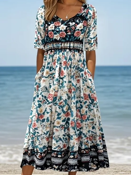 Femmes Floral Vert Clair Col Rond Confortable Robe Maxi Décontracté