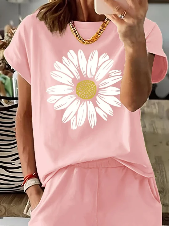 T-shirts Femmes Rétro Été Marguerite Quotidien Manches Courtes Col Rond Régulier Trapèze Régulier