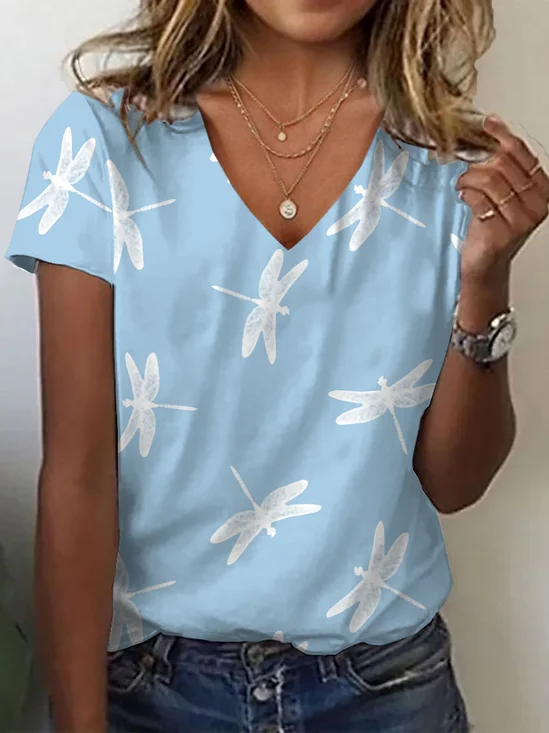 T-shirts Décontracté Été Libellule Col V Imprimé Quotidien Ample Régulier Régulier pour Femmes
