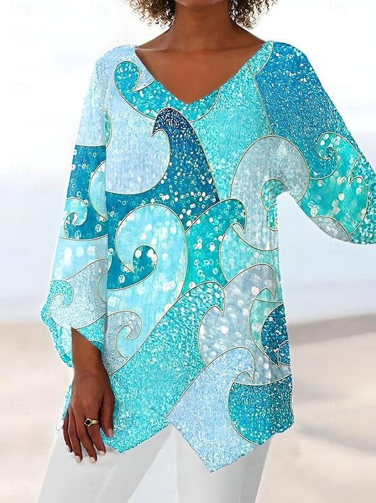 Blouses Femmes Simple Printemps / Automne Chevron Col V Quotidien Manches Longues Régulier Droit Régulier