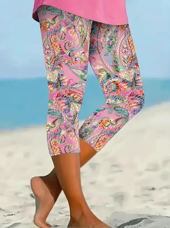 Pantalons De Yoga Décontracté Motif Cachemire Été Polyester Aucune élasticité Coupe Régulière Corsaire Droit Régulier pour Femmes