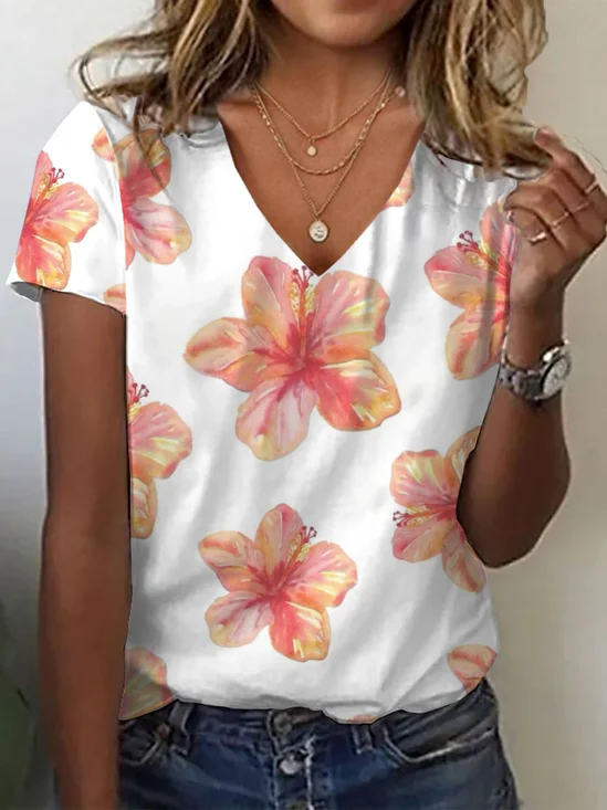 T-shirts Femmes Décontracté Floral Été Col V Aucune élasticité Jersey Régulier Régulier T.-N.-L.
