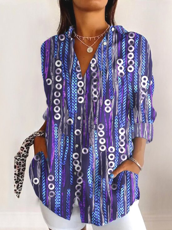 Chemises Bloc de Couleur Décontracté Printemps / Automne Polyester Micro-élasticité Manches Longues Régulier Trapèze Col de Chemise pour Femmes