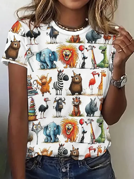 T-shirts Rétro Imprimé d'Animal Été Coton Quotidien Coupe Régulière Manches Courtes Col Rond Régulier pour Femmes