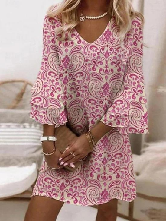 Femmes Floral Rouge Col V Confortable Robe Mi-Longue Boho