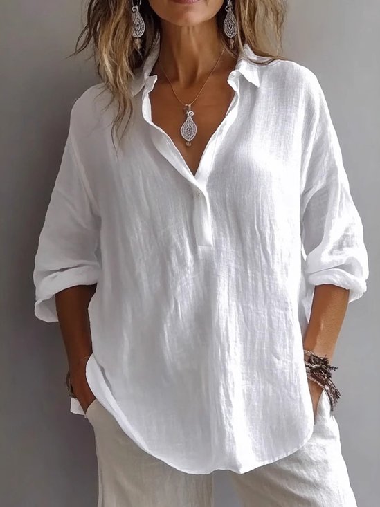 Chemises Décontracté Plain Printemps / Automne en Lin Micro-élasticité Régulier Trapèze Régulier Col de Chemise pour Femmes
