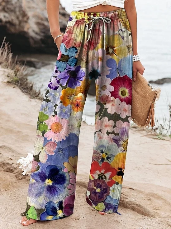Pantalons Décontracté Floral Printemps / Automne Coton Imprimé Naturel Micro-élasticité Ample Pantalon baggy pour Femmes