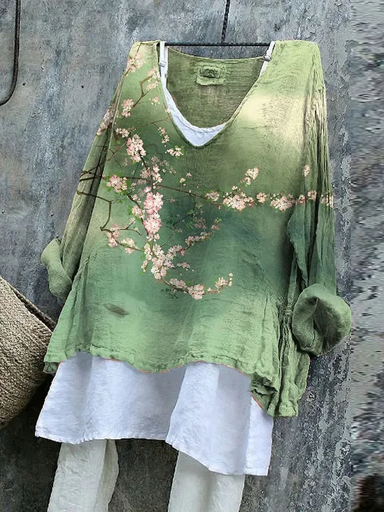 T-shirts Décontracté Floral Printemps / Automne Coton Col V Micro-élasticité Quotidien Régulier Régulier pour Femmes