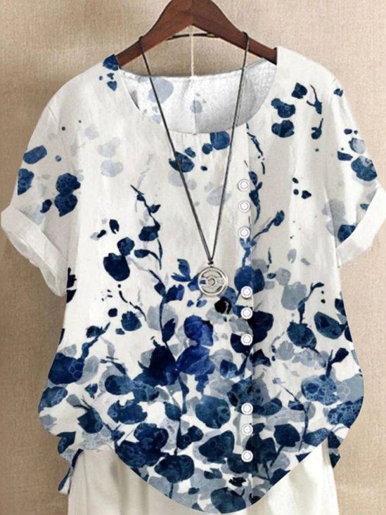 Blouses Femmes Simple Plantes Été Coton Aucune élasticité Col Rond Régulier Droit Régulier