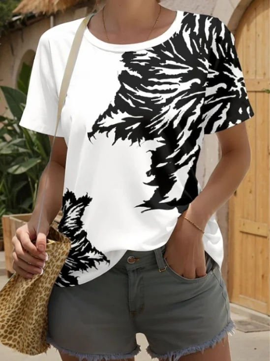 T-shirts Femmes Décontracté Floral Été Coton Micro-élasticité Quotidien Manches Courtes Col Rond Régulier