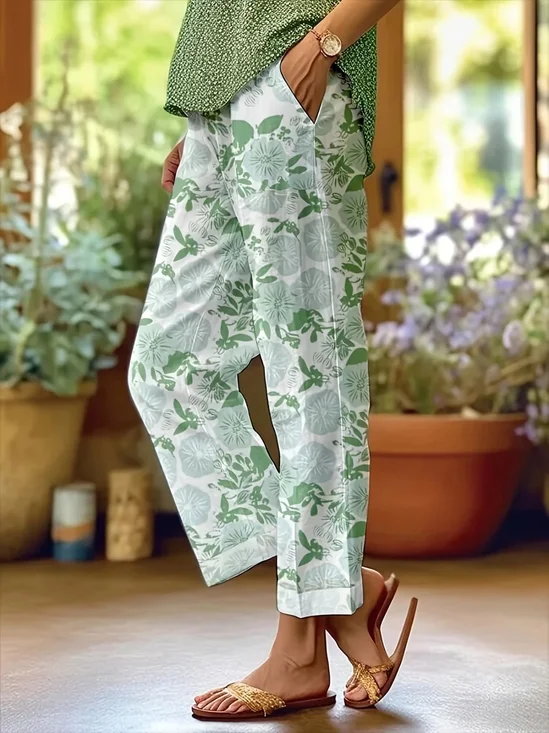 Pantalons Décontracté Plantes Printemps / Automne en Lin Coupe Régulière Pantalon droit Long Droit Régulier pour Femmes