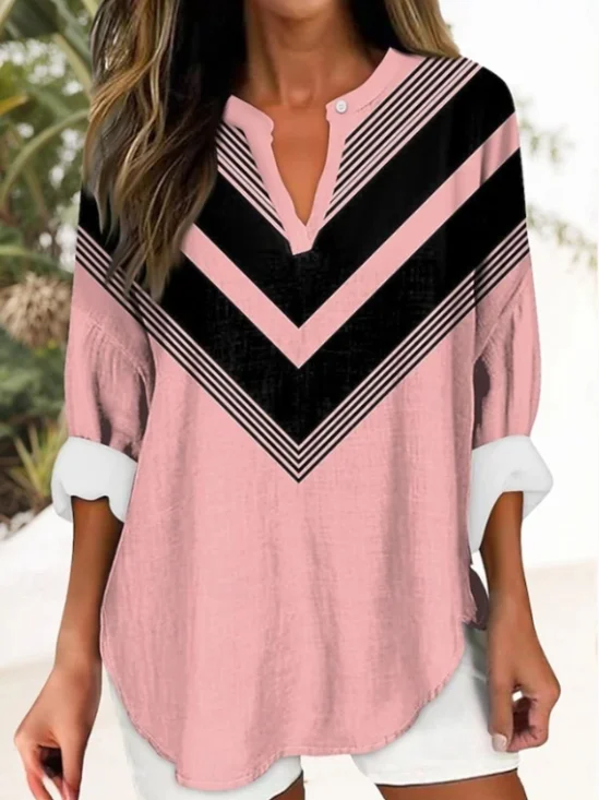 Blouses Géométrique Simple Été Coton Aucune élasticité Quotidien Demi Manche Régulier Droit pour Femmes